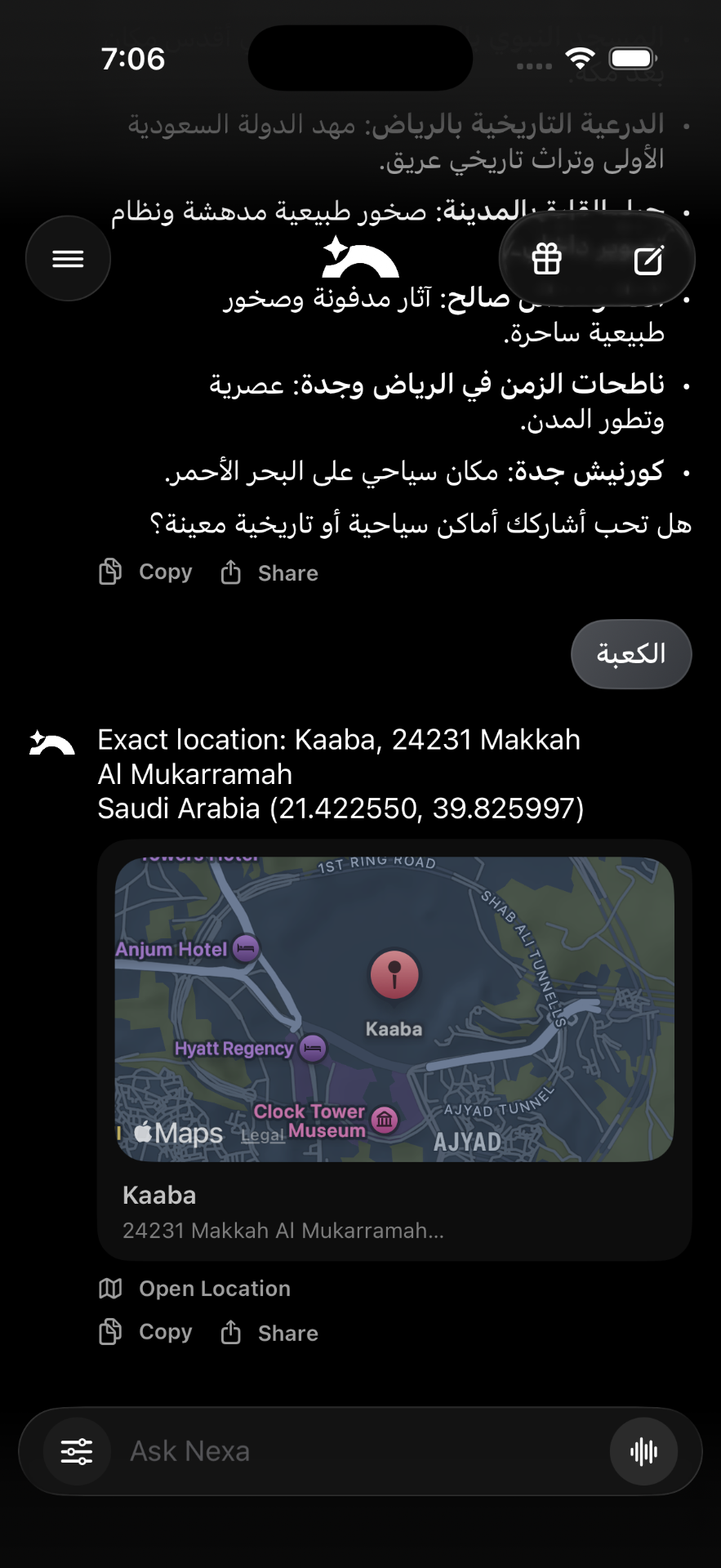 Nexa AI showing exact location of the Kaaba on a map